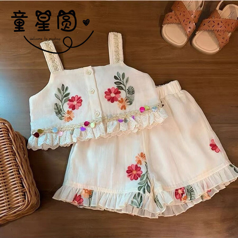 ใหม ่ สาวน ้ อยแฟชั ่ นกางเกงขาสั ้ นชุดสองชิ ้ นฤดูร ้ อนเด ็ กสาวแฟชั ่ นผู ้ มีอิทธิพลปักชุดสลิง - รูปที่ 3