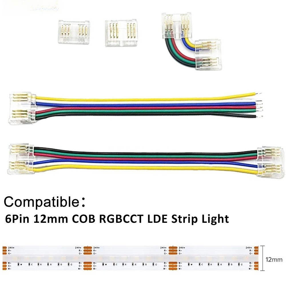 5pcs 6pin 12 มม.COB Strip Connector RGBCCT FCOB LED เทป 12 มม.ความกว้างแถบหรือแถบลวด Solderless Connector มุม Joint