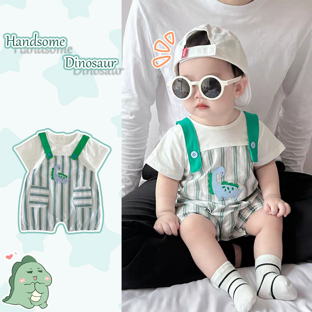 อิน ฤดูร้อนทารกเวอร์ชั่นเกาหลีน่ารักไดโนเสาร์ลายลายนุ่มแขนสั้น ชุดจั๊มสูท เด็กทารกไดโนเสาร์ ชุดรอมเปอร์ ทารกแรกเกิดบอดี้สูทเด็กเสื้อผ้า 0-2 ป