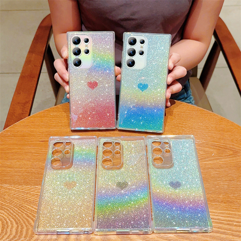 Samsung Galaxy S24 Ultra S23 FE S22 Ultra เคสสําหรับแสงสีฟ้า Rainbow Love ป้องกันกล้องฝาครอบโทรศัพท์ TPU แบบนุ่ม
