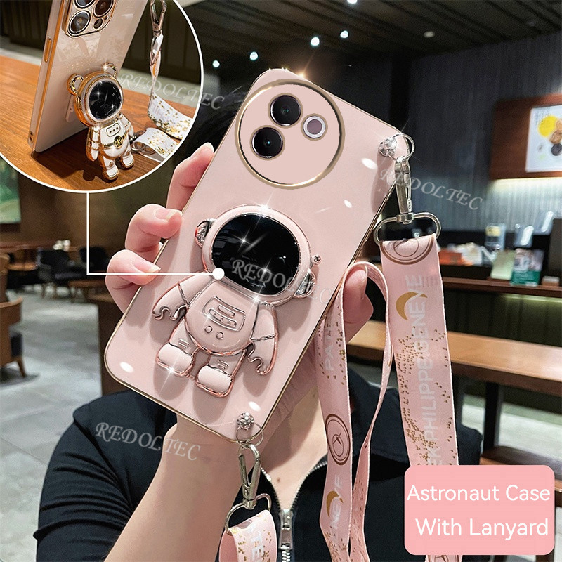 กรณี VIVO V30E 5G ใหม่แฟชั่นน่ารัก 6D Electroplated เคสโทรศัพท์ VIVOV30e VIVO V30E V30 E พร้อมนักบินอวกาศขาตั้งผู้ถือยาว Crossbody Lanyard สายคล้องสําหรับสาว