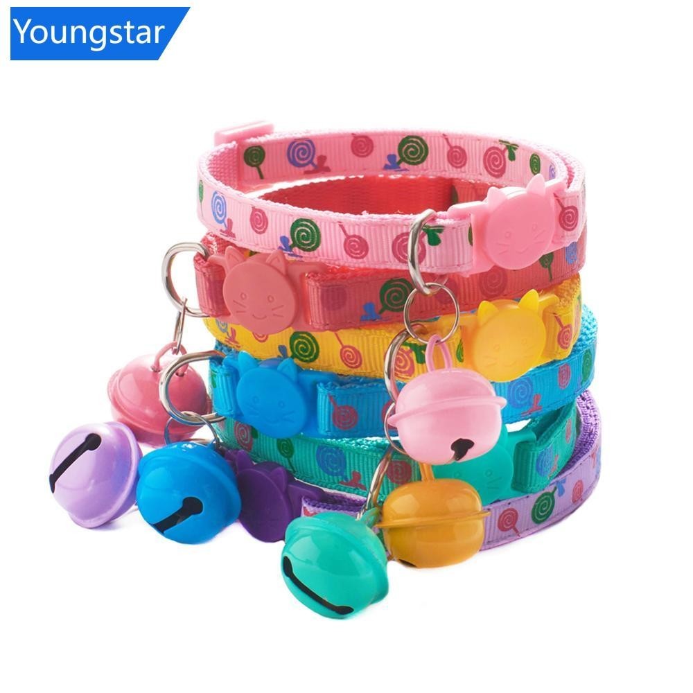[ForeverYoung] 1 ชิ้นปรับ Breakaway ปลอกคอแมวพร้อม Bell Rainbow Cat Collar สุนัข Lollipop พิมพ์สัตว์