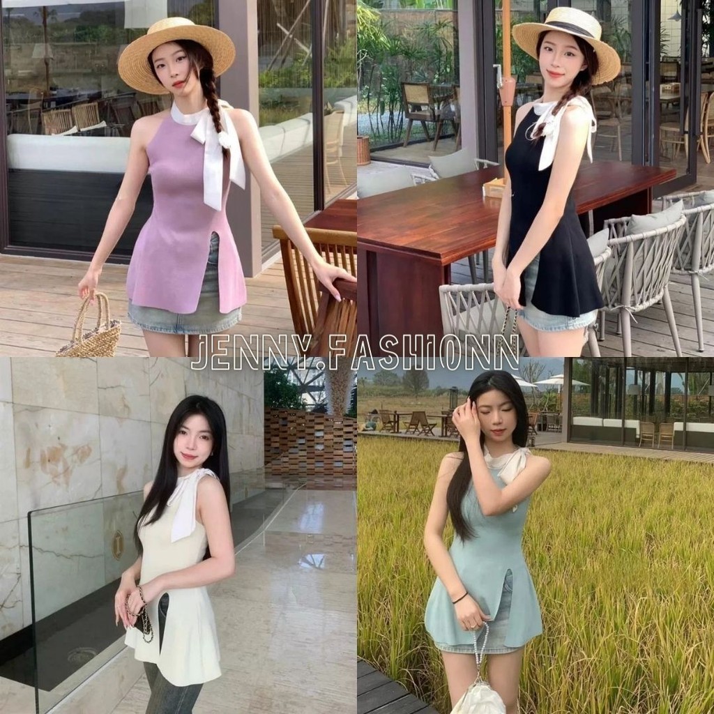 🌟Jenny🌟ไหมพรม แขนกุด แต่งริ๊บบิ๊นผูกคอ ผ่าข้าง#B38