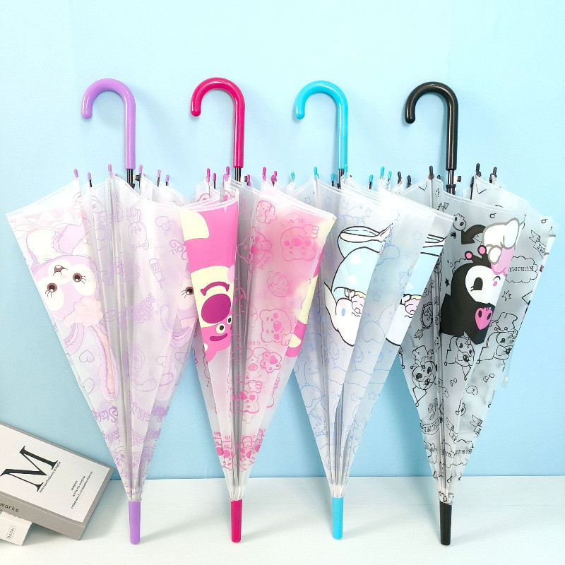 Sanrio Kuromi Cinnamoroll Melody Frosted ร่มโปร่งใสเด็กการ์ตูนรูปแบบร่มนักเรียนด้ามยาวร่มโปร่งใสอัตโนมัติน้ําหนักเบา