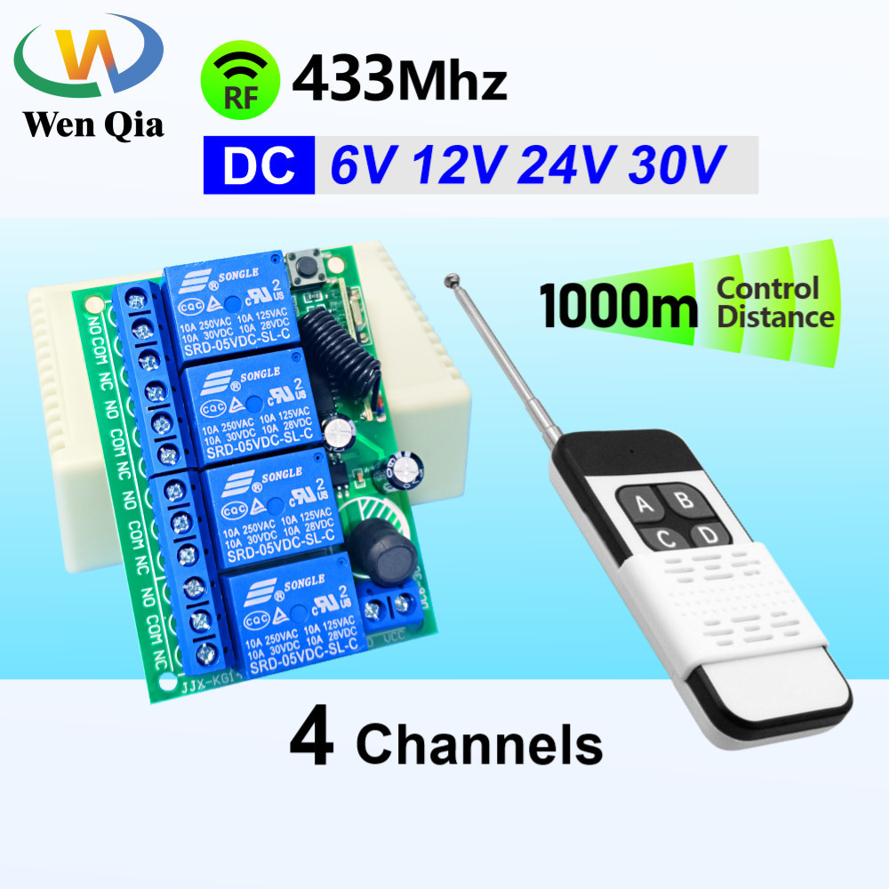 รีโมทคอนโทรลสากล 433MHz RF สวิตช์ไร้สาย DC 6V 12V 24V 4Ch รีเลย์ตัวรับสัญญาณและเครื่องส่งสัญญาณสําหรับโคมไฟโรงรถประตูมอเตอร์