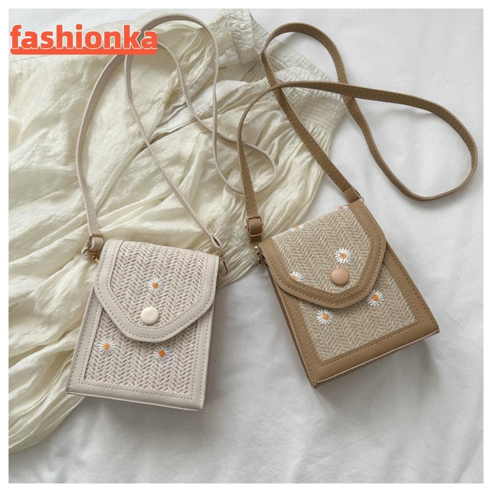 Fashionka Straw Plaited Phone Bag, Dacron Straw Embroidery Bag, Little Daisy Shoulder Crossbody Bag
