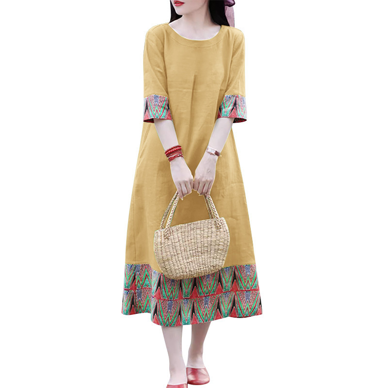 ผู ้ หญิงเกาหลีลําลองรอบคอ Hem Patchwork พิมพ ์ ไม ่ มีกระเป ๋ าชุด