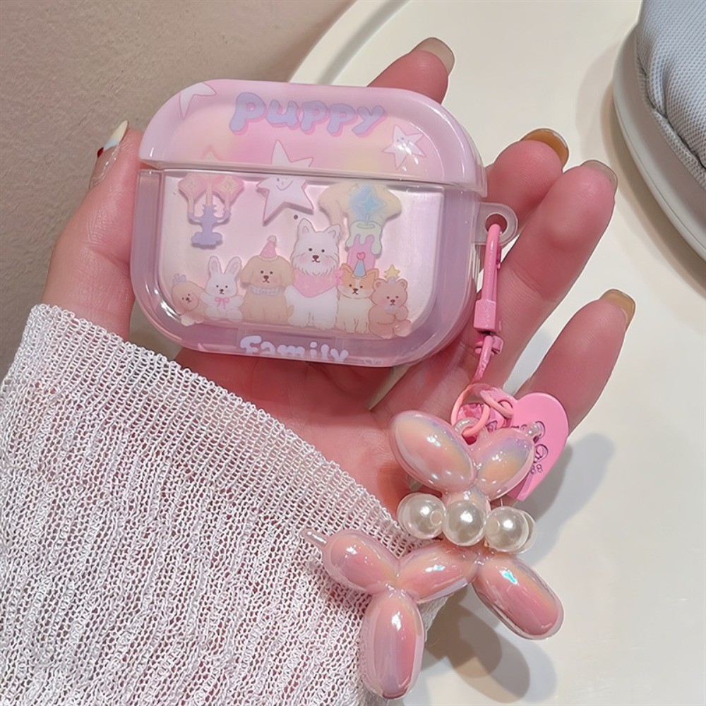 เคสหูฟัง แบบนิ่ม ลายสุนัขน่ารัก สีชมพู พร้อมจี้กลิตเตอร์ สําหรับ AirPods 1 2 3 Pro 2
