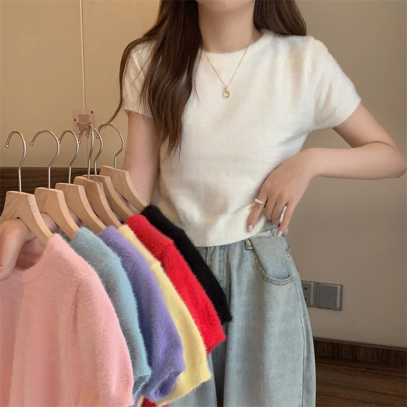Anna 80069 อเมริกันสั้นท็อปส์ใหม่ฤดูใบไม้ผลิและฤดูใบไม้ร่วงคอกลมสีทึบเสื้อยืดแขนสั้นที่เรียบง่ายสำหรับผู้หญิง