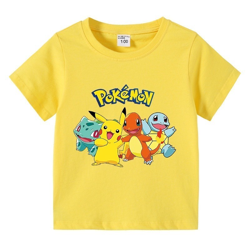เสื้อยืดเด็ก เสื้อยืดแขนสั้น พิมพ์ลาย Pokemon Pikachu แฟชั่นฤดูร้อน สําหรับเด็ก 100cm-150cm ผ้าฝ้ายแท้