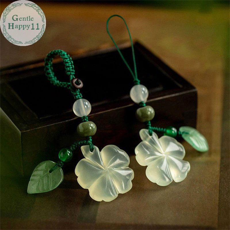 Gentlehappy เลียนแบบหยก Four-leaf Clover พวงกุญแจโทรศัพท์จี้สีเขียว Lucky Clover Anti-lost Lanyard พวงกุญแจกระเป๋าเป้สะพายหลังตกแต่งของขวัญ TH