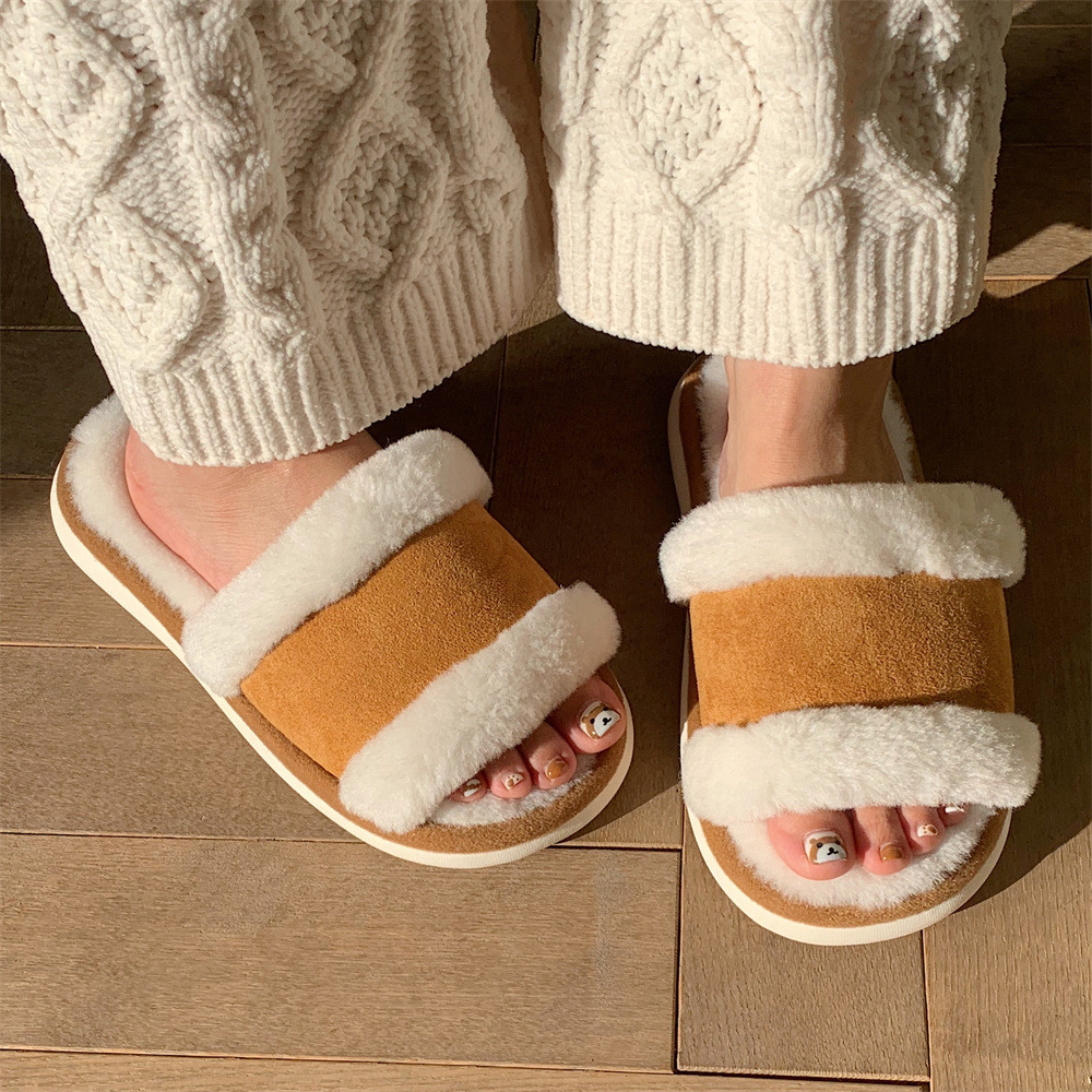 Xixtiao รองเท้าแตะผู้หญิงในร่มบ้านอบอุ่นสีทึบรองเท้าแตะผ้าฝ้ายเกาหลี Simple Plush Soft Sole