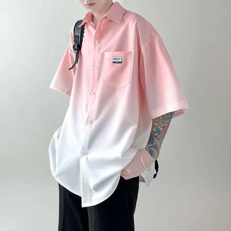 ฤดูร้อนใหม่สไตล์ Tie-Dye Gradient Street สวมใส่เสื้อแขนสั้นผู้ชาย High-End หลวม Ruffian หล่ออินเทรนด์เสื้อลําลองผ้าไหมน้ําแข็ง