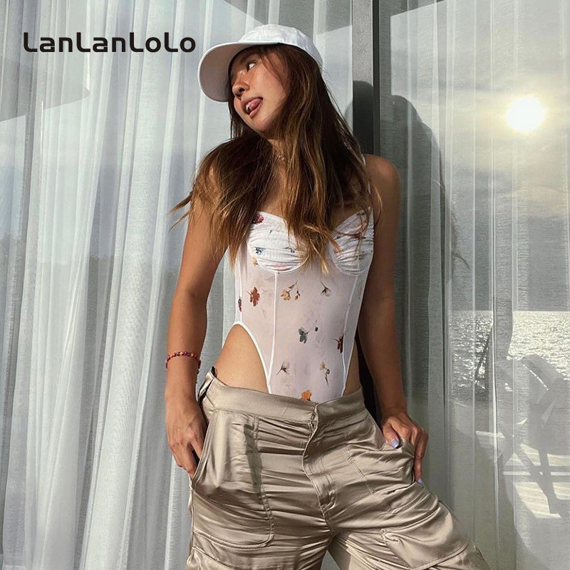 Lanlanlolo ชุดบอดี้สูท ซีทรู ผ้าตาข่าย พิมพ์ลาย เซ็กซี่ แฟชั่นสําหรับผู้หญิง 2024