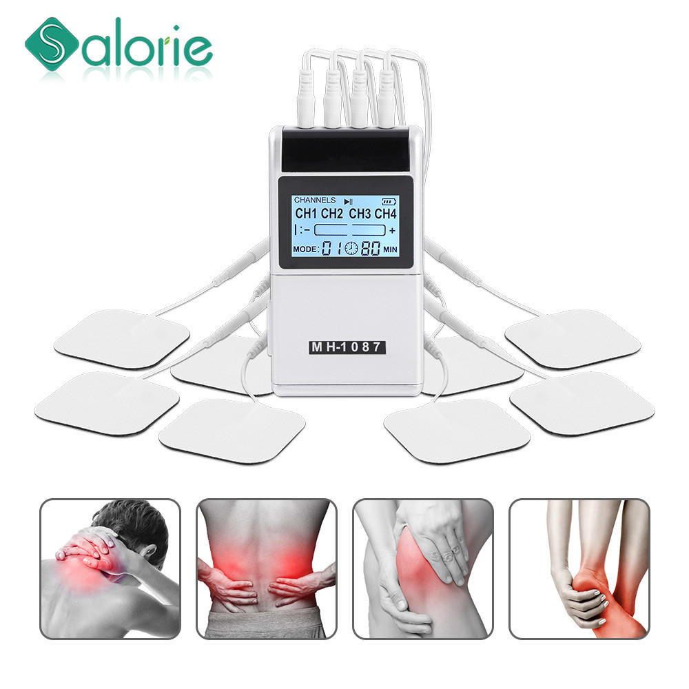 Salorie 15 โหมด 4 เอาต์พุต 8 แผ่นบรรเทาอาการปวดไฟฟ้า Pulse TENS EMS เครื่องกระตุ้นกล้ามเนื้อ Impulse นวดเครื่อง Electrotherapy เครื่อง Full Body นวด