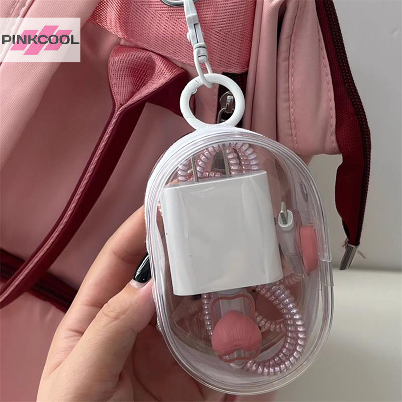 Pinkcool สีดําสีขาวรูปไข่ PVC โปร่งใสกระเป๋าเครื่องสําอางตุ๊กตากระเป๋าแบบพกพาหูฟังเหรียญสายเคเบิลข้อมูล Charger กระเป๋าเก็บร้อน