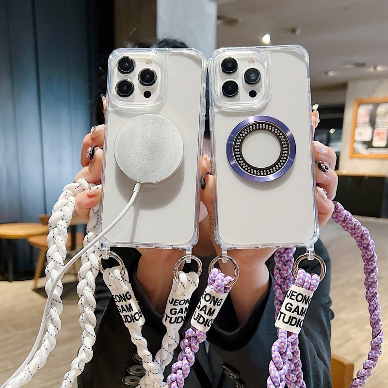 Iphone 14 15 13 12 11 Pro Max 13 Mini XS X XR สายคล้องไร้สายชาร์จกรณี Crossbody Lanyard กันกระแทกอะคริลิคใสฝาครอบแม่เหล็ก