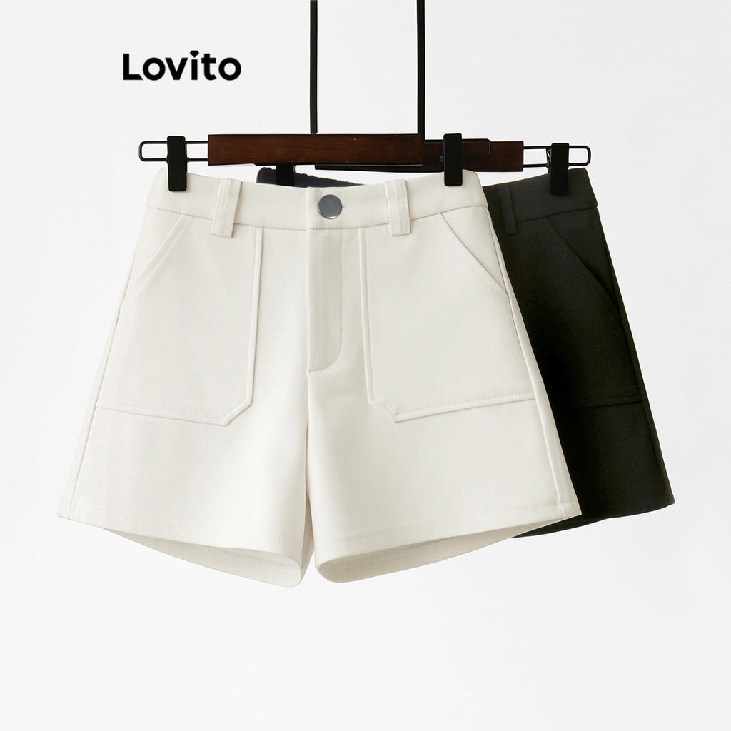 Lovito กางเกงขาสั้นผู้หญิง มีกระเป๋า สีพื้น สไตล์ลำลอง L67AD141 (สีขาว / สีดำ)