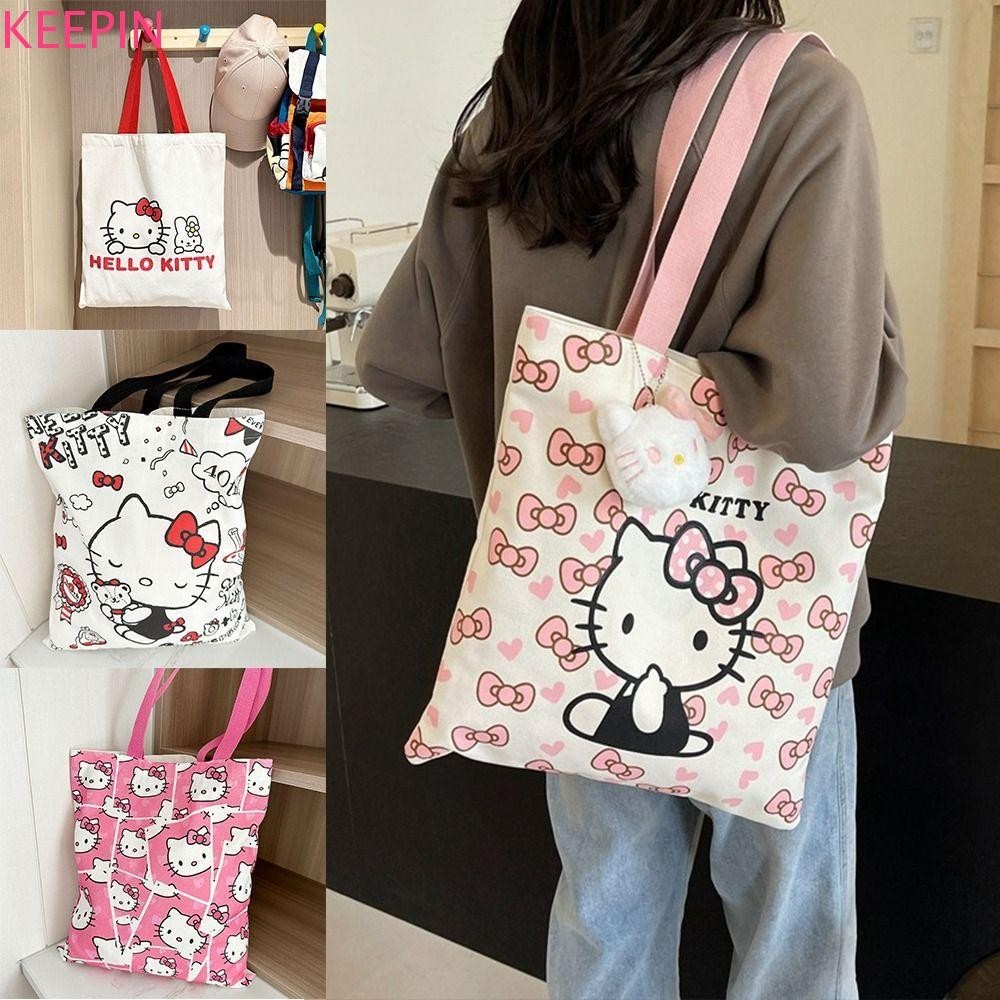 Keepin Student Tote Bag, Kitty Cat Handbag Single Shoulder Bag, Casual Canvas Large Capacity Underarm Bag Cute School Bags Shopping