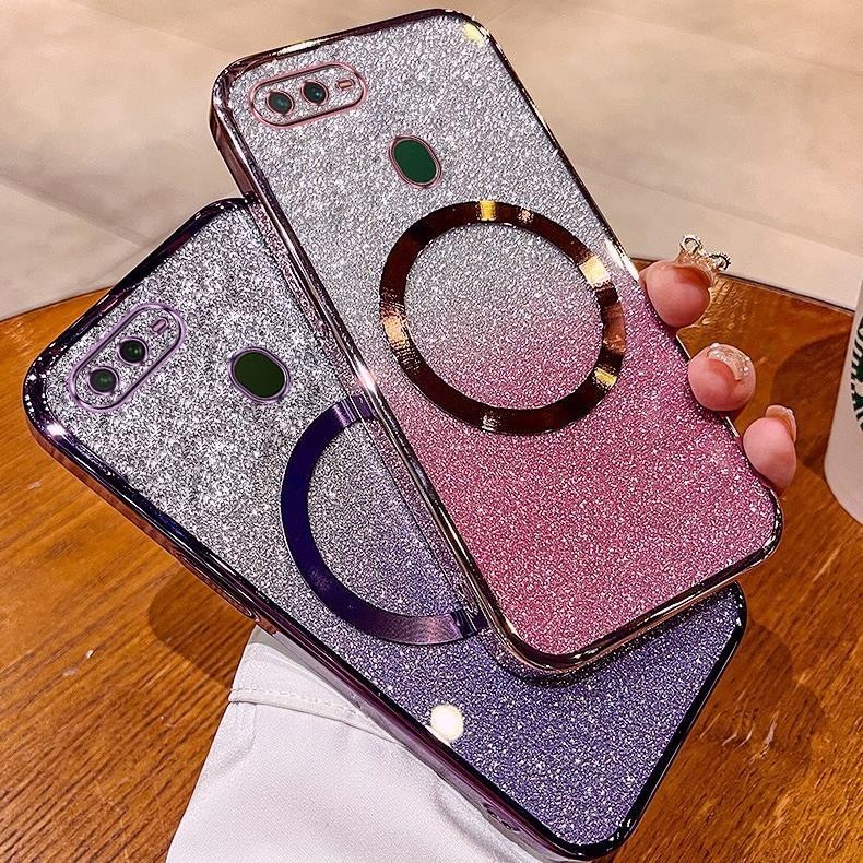 เคส OPPO A5S A12 A7 F9 เคสกลิตเตอร์ชุบหรูหรา เคสโทรศัพท์กลิตเตอร์ชุบพร้อมแม่เหล็กดูดและเลนส์ป้องกันการตกสําหรับครอบคลุมเต็มรูปแบบ เคสโทรศัพท์ OPPO A5S A12 A7 F9