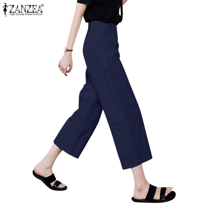 ZANZEA ใส่ ซานเซีย ผู้หญิงเกาหลีสันทนาการเอวสูงสีทึบกางเกงหลวม