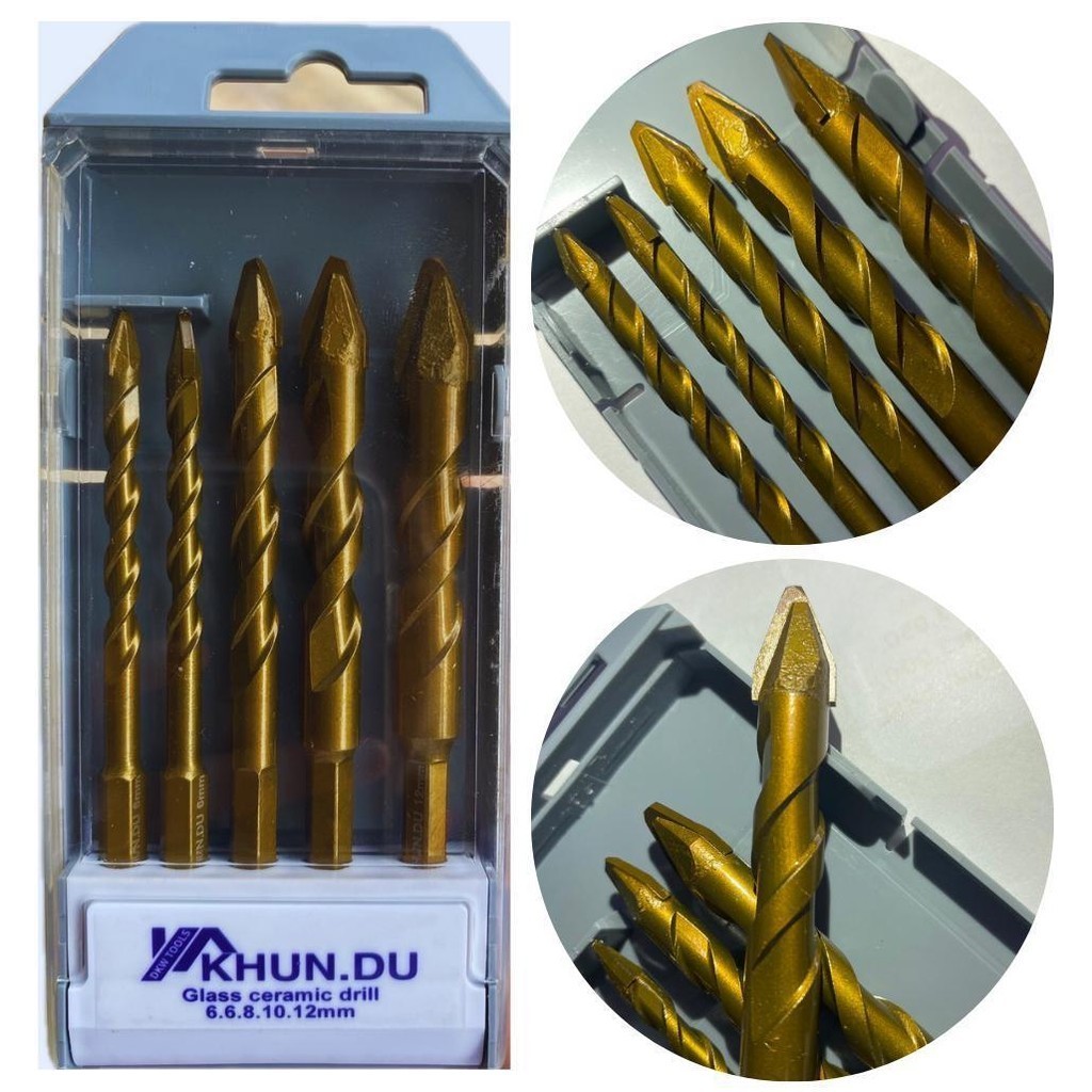 ดอกสว่านคาร์ไบด์ สำหรับเซรามิค เคลือบไททาเนียม สีทอง สินค้า 1 ชุด มี 5ดอก (6,6,8,10,12) เจาะกระจก กระเบื้องแบบเกลียว