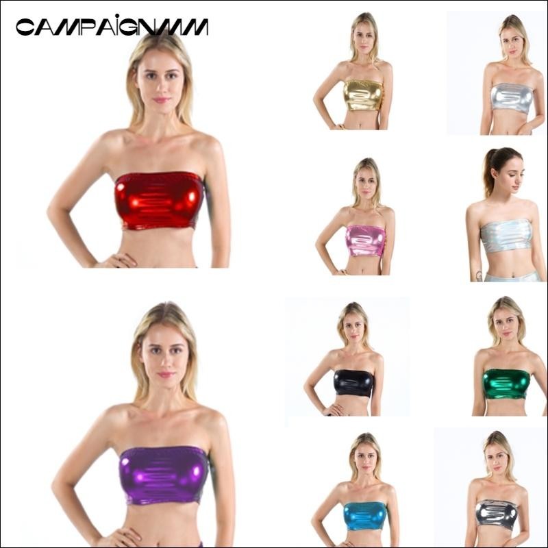 Camp Womens Metallic Shining Crop Tube Top แขนกุด Bustier Bra Rave Dance Strapless Basic Bandeau Vest