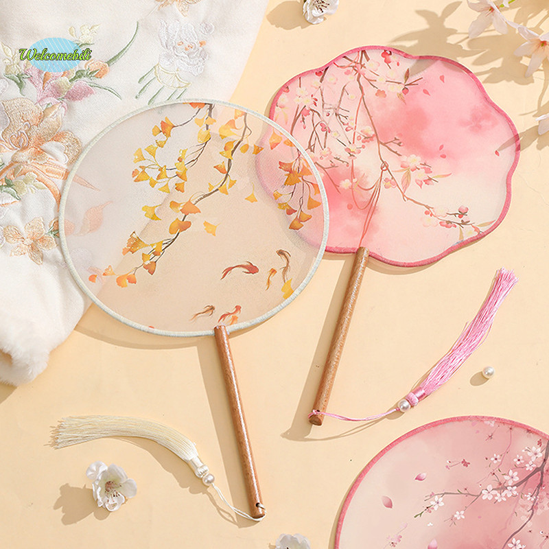 [Welcomebili] Vintage Round Print Fan Chinese Dance Summer Classical Cheongsam Costume Court Hanfu Womens sel Hand Fan ใหม่
