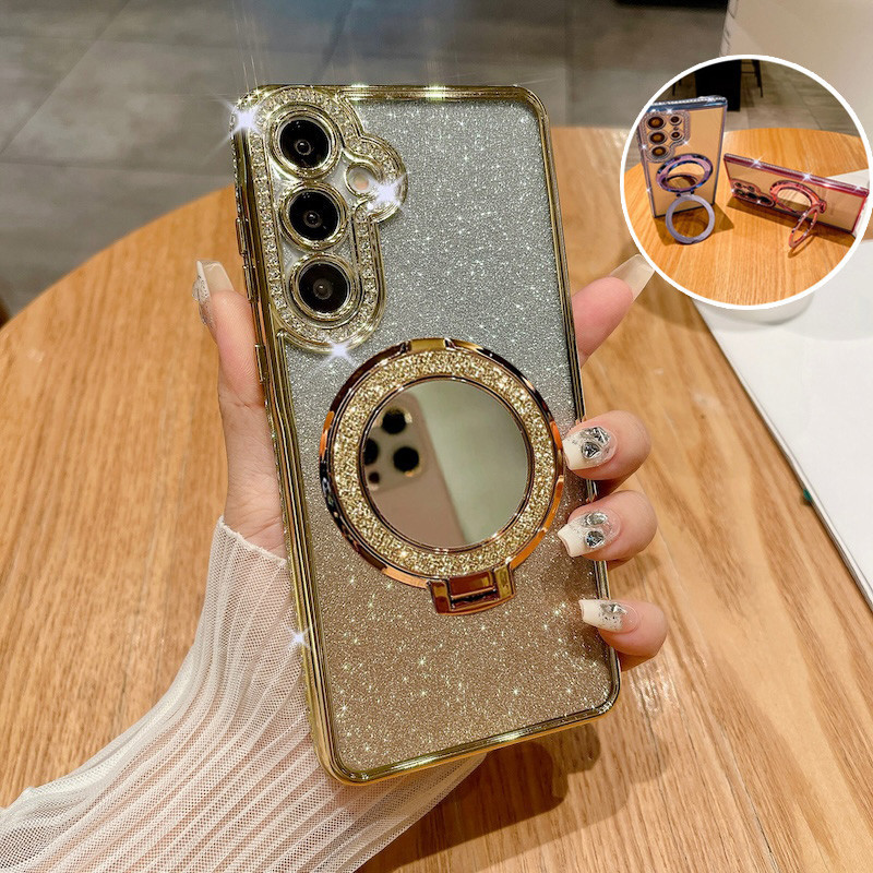 SAMSUNG หรูหราglitterกระจกแหวนสําหรับsamsung A15 A25 A24 A35 A55 A05s 5Gไร้สายชาร์จชุบฝาครอบ