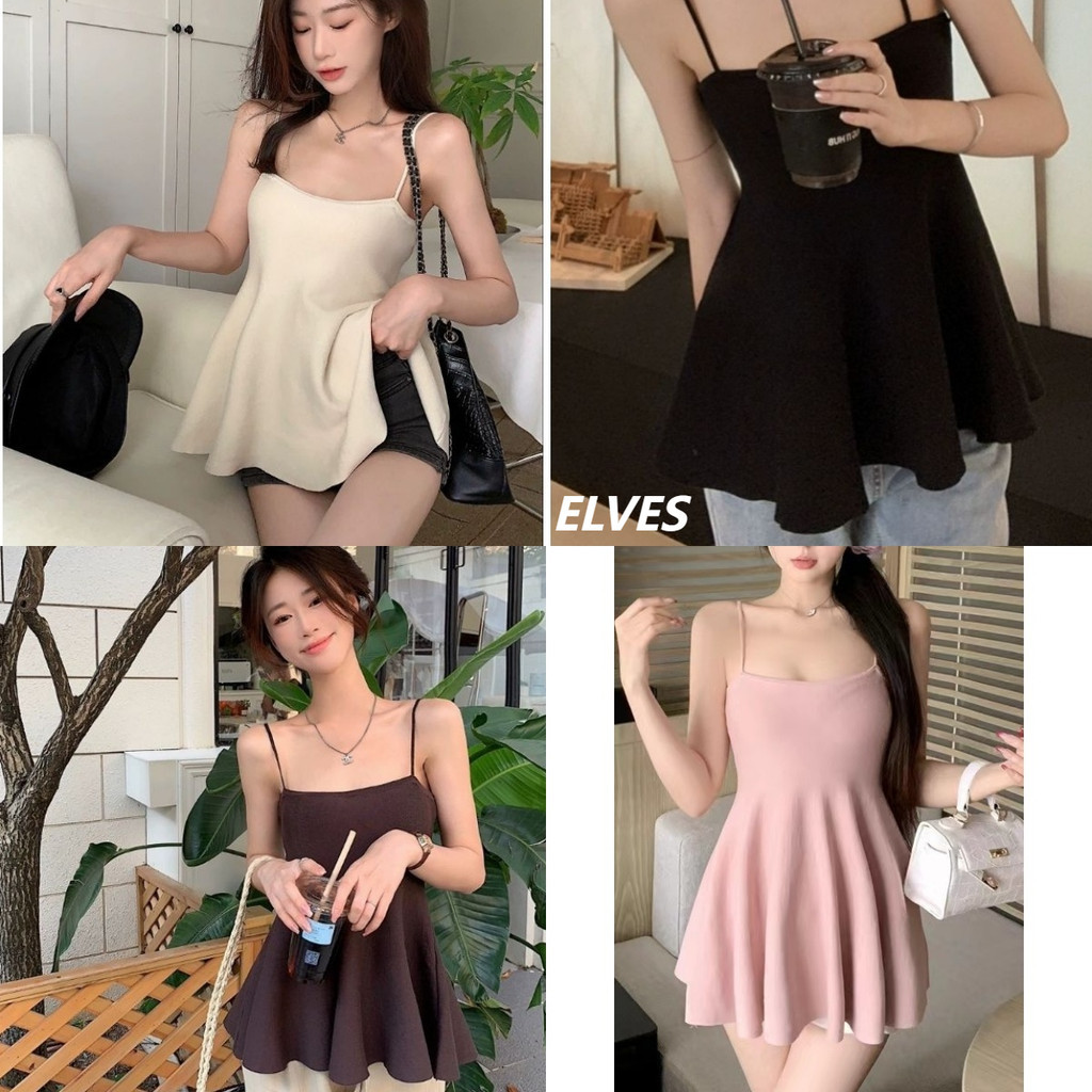 Elves พร้อมส่ง เสื้อสายเดี่ยวไหมพรม ปลายปล่อย เรียบหรูดูแพง ~7686~ -C