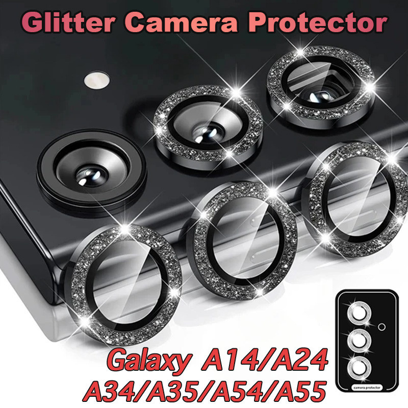 Glitter ป้องกันหน้าจอกล้องสําหรับ Samsung Galaxy A14 A24 A34 A35 A54 A55 5G กลับเลนส์แหวนหมวก