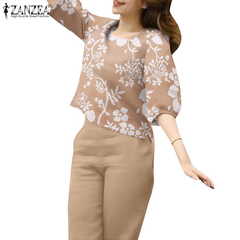 ZANZEA ซานเซีย ผู้หญิงเกาหลีแฟชั่นสแควร์คอปกครึ่งแขนเอวยางยืดพิมพ์ชุด