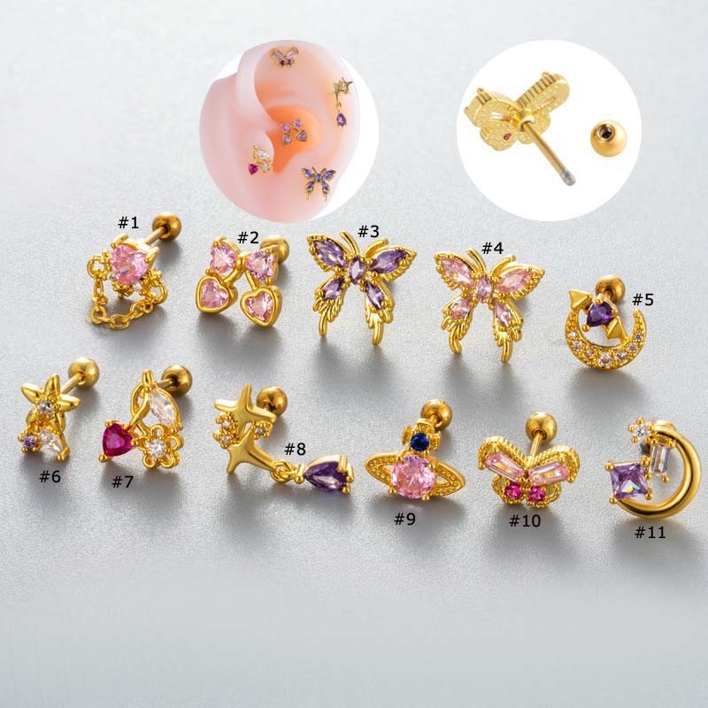 ดาวเคราะห์ 1 ชิ้น​​​​​​​ Cherry Heart ผีเสื้อ Moon Shape Chain Dangle สแตนเลสกระดูกอ่อนต่างหู Stud Helix Tragus เจาะ 20Gauge