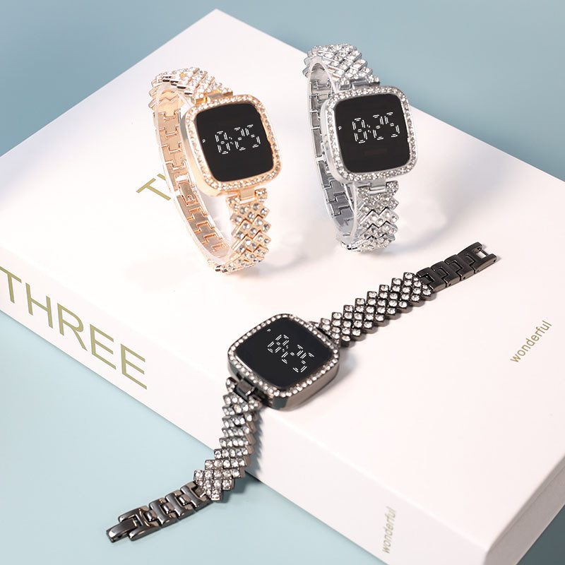 Small Fresh Square Ladies Diamond-encrusted Watch LED Alloy Student Girl Touch แฟชั่นบุคลิกภาพนาฬิกาอิเล็กทรอนิกส์