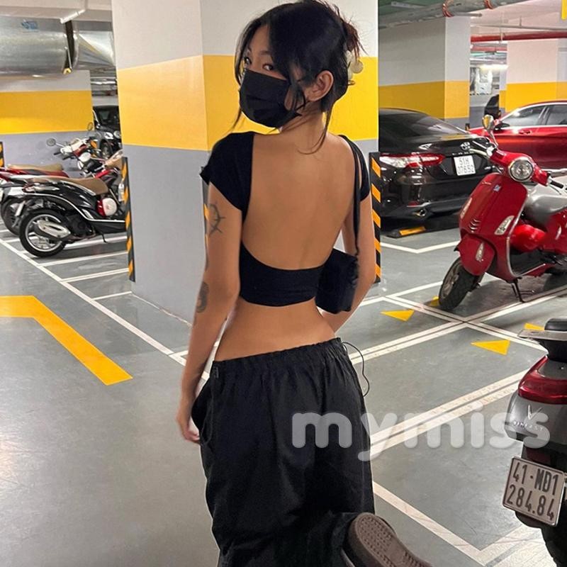 Mymiss1-เสื้อครอปบางฤดูร้อนของผู้หญิงสีดําแขนสั้นoคอbackless Skinnyเสื้อยืด