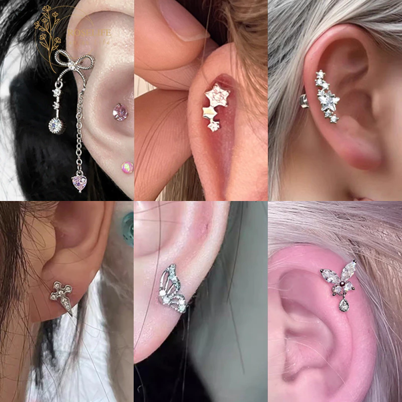 Roselife 1PC คริสตัลโบว์ผีเสื้อ Star สกรู Pierced ต่างหูสําหรับผู้หญิงสาวแฟชั่นหู Studs เครื่องประดับ