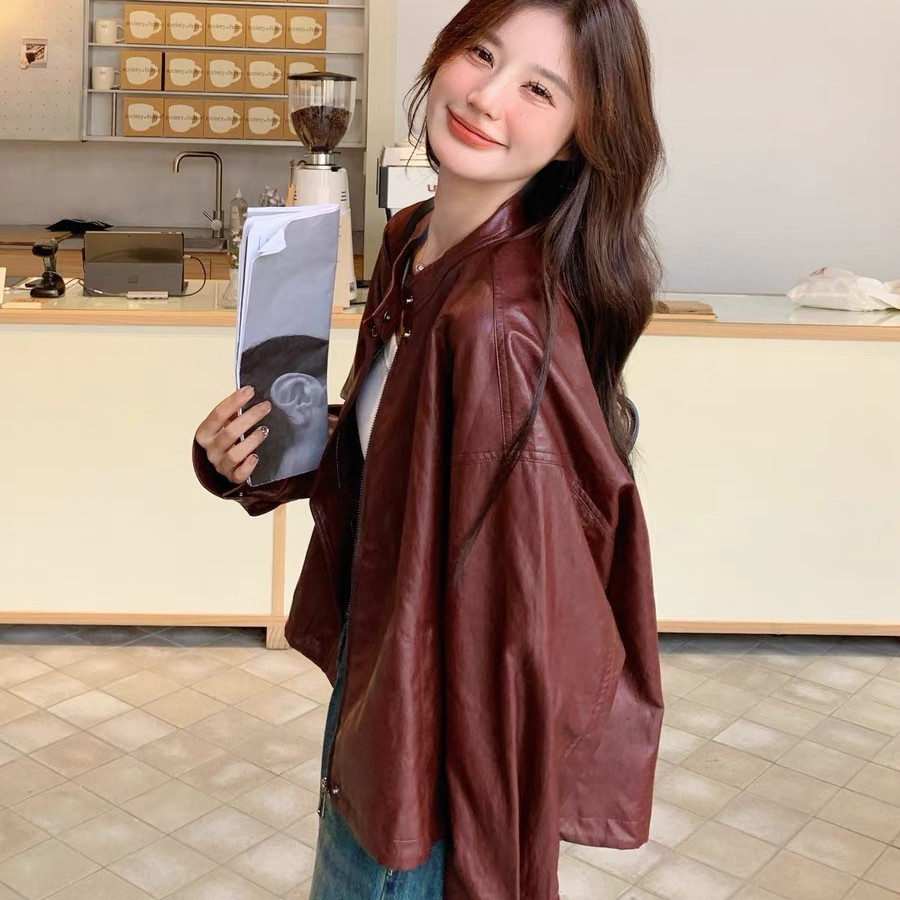 Encore Red Retro Motorcycle pu Leather Jacket Women 2025 Spring New Style Fashion Age-Reduction Short Leather Jacket