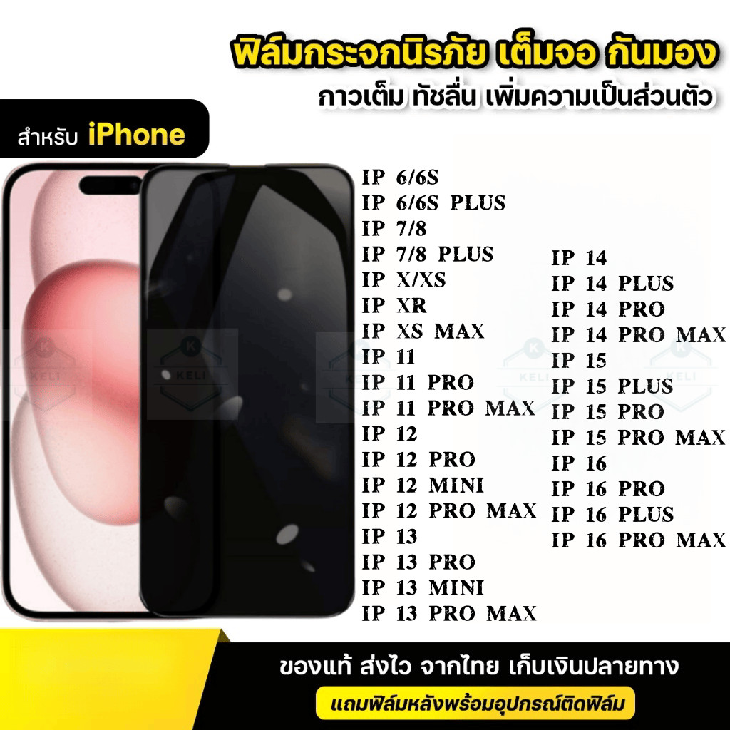 ฟิล์มกระจก เต็มจอ สำหรับ กันมองกันเสือก PVT รุ่น iPhone X XR XS 16 17 15 14 13 12 11 Pro Max SE 2020 6 6S 7 8 Plus