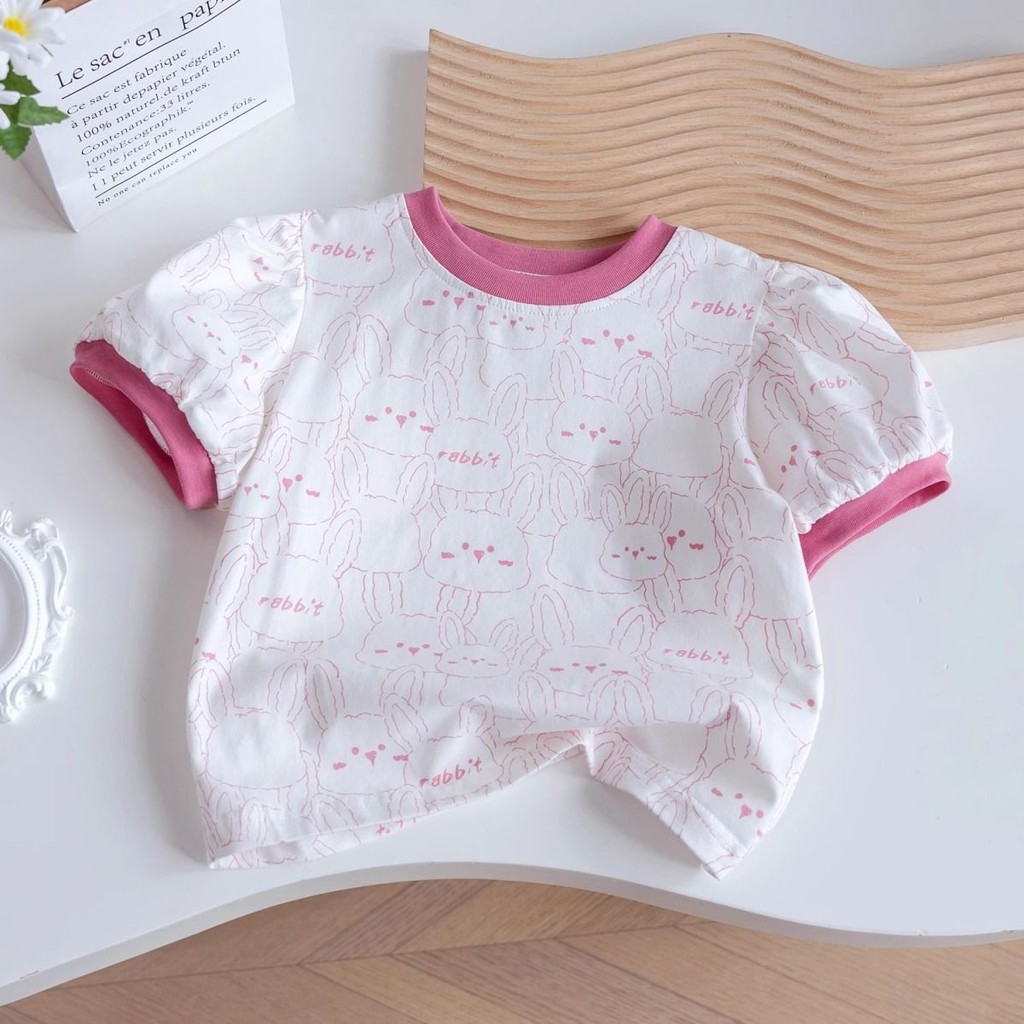 90-140【พร้อมส่ง】เสื้อยืดแขนสั้นเด็กผู้หญิงลายกระต่ายเต็มตัว สไตล์ทันสมัยเอนกประสงค์ สำหรับทารกในหน้าร้อน - รูปที่ 7