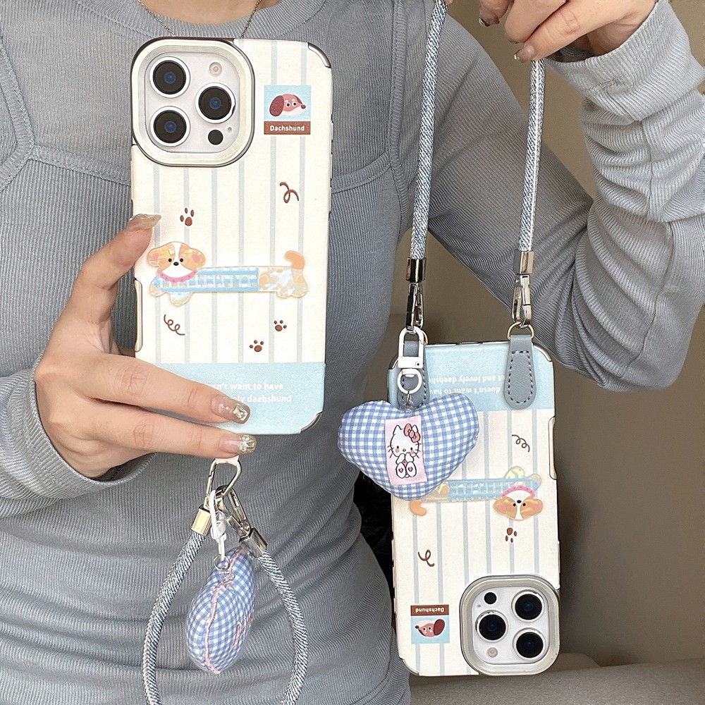 3D Patch Sausage Dog เหมาะสําหรับ Apple 17Promax เคสโทรศัพท์หนัง iPhone 16/15/14/13/12/11 Lanyard Soft Case