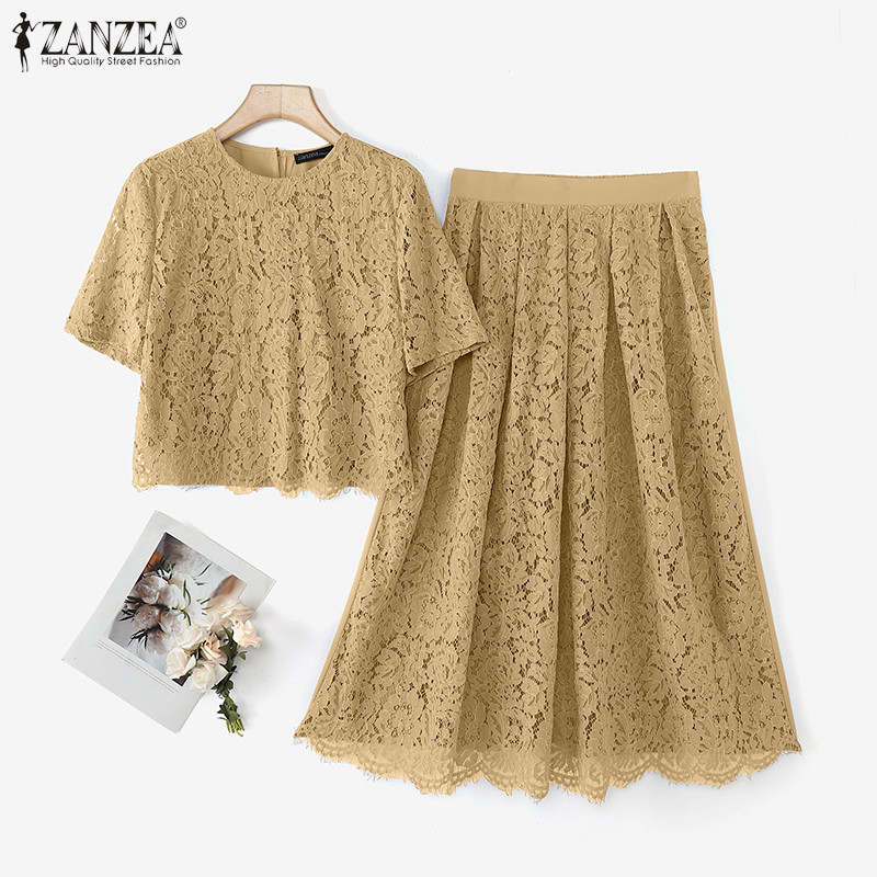 Zanzea ผู้หญิงแขนสั้นลําลองลูกไม้ Patchwork A-Line กระโปรงฤดูร้อนชุดสองชิ้น — صورة 4
