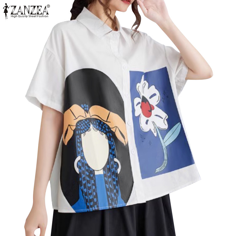 ZANZEA ซานเซีย เสื้อเชิ้ตแขนสั้นพิมพ์ลายดอกไม้แฟชั่นเกาหลีสําหรับผู้หญิง