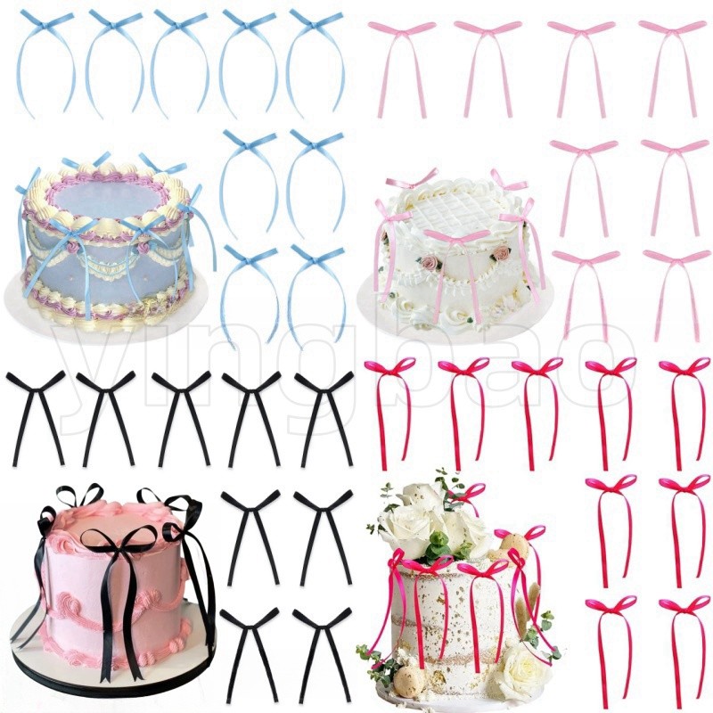 10 ชิ้นริบบิ้นขนาดใหญ่โบว์เค้ก Toppers สีชมพูสีดําโบว์เค้กตกแต่งรักคู่เค้ก Topper งานแต่งงานขนม Decor