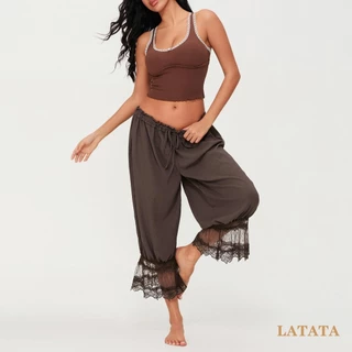 (จัดส่งในกรุงเทพฯ)Latata-Womens Cropped Pants Loose Mid Rise Patchwork Lace Lantern Pants Casual Streetwear