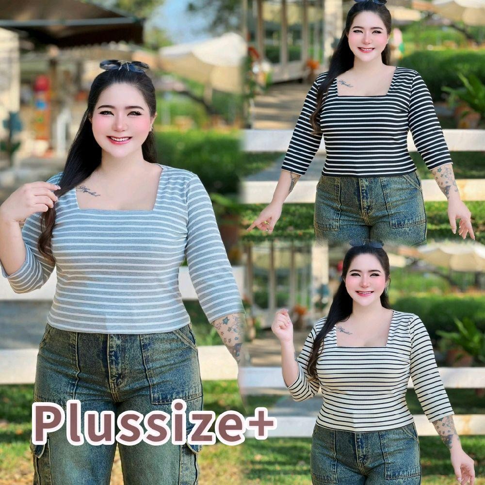 Plussize เสื้อครอปคอเหลี่ยมลายริ้ว เสื้อสาวอวบ อก 38-52นิ้ว