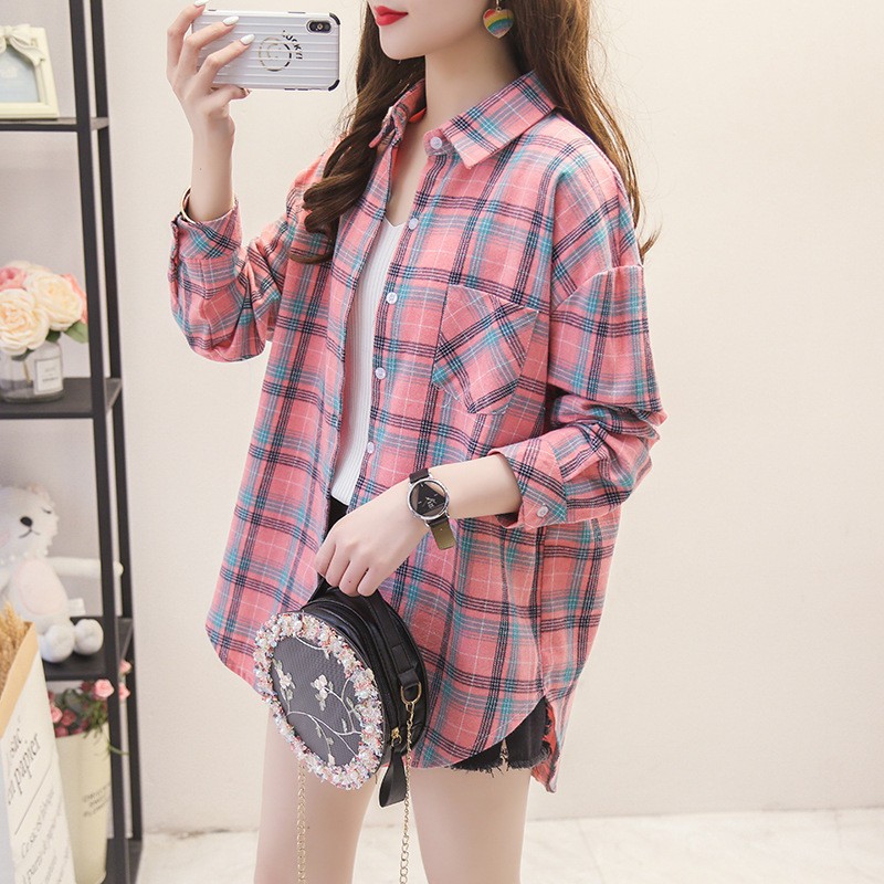 เสื้อเชิ้ตแขนยาว ลายสก๊อต สีเหลือง สีแดง สําหรับผู้หญิง