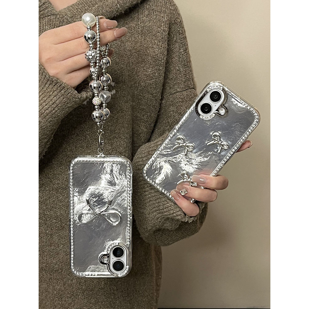 Ins Style Strobe Diamond Edge Bow Chain 15 เคสโทรศัพท์ที่เหมาะสม iPhone16promax กันกระแทก 13/14 หญิง
