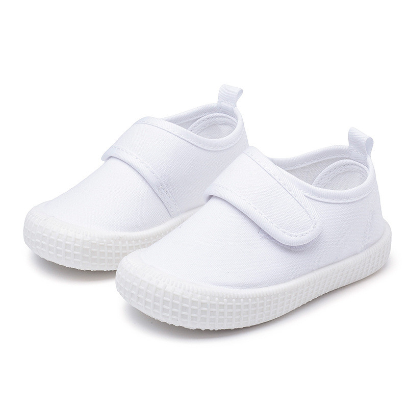 รองเท้าผ้าใบสีขาวสําหรับเด็กสวมใส่ง่ายเด็กสาวรองเท้านักเรียนผ้านุ่มกันลื่นขนาด21-33