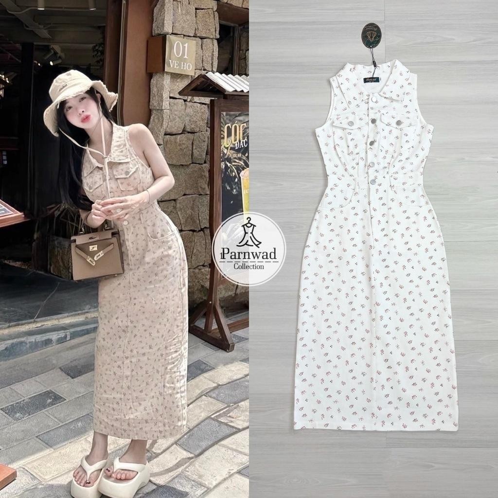 C.on (พร้อมส่ง) Parnwad3 เดรสผ้ายีนสีขาวลายดอกไม้น่ารักๆ กระดุมหน้าแกะใช้งานได้จริง Cafe.