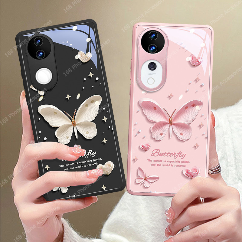 เคส Vivo V40 V50 เคส Vivo V40 Pro เคสกันกระแทกน่ารักผีเสื้อพร้อมฝาครอบกล้องเลนส์ป้องกันหรูหราของเหลวแก้วเคสโทรศัพท์สําหรับเด็กผู้หญิงผู้หญิง